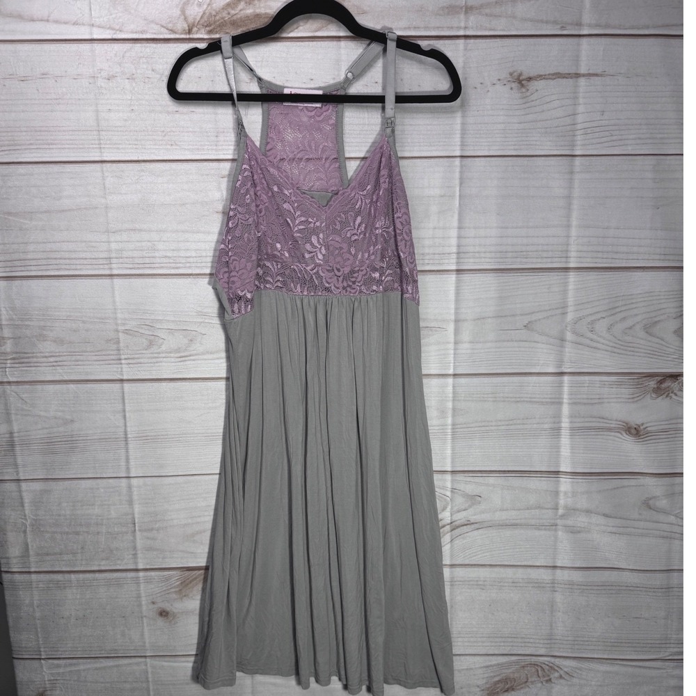 Maacie Womens XXL Maternity Nursing Nightgown Grey Mauve Lace Racerback - Picture 1 of 4